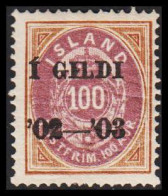 1902. I GILDI. 100 Aur Brown/lilac. Perf. 14x13½. Black Overprint LIGHT HINGED.  (Michel 34A) - JF543272 - Usati