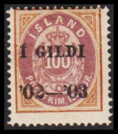 1902. I GILDI. 100 Aur Brown/lilac. Perf. 14x13½. Black Overprint HINGED. Variety In The Over... (Michel 34A) - JF543273 - Usati