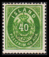 1876. ISLAND. Aur-Issue. 40 Aur Green. Perf. 14x13½. Unusual Stamp. Variety Over 4 And Very L... (Michel 11A) - JF543274 - Unused Stamps