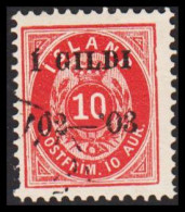 1902. I GILDI. 10 Aur Red. Perf. 12 3/4. Black Overprint. Variety At Right Frame.  (Michel 28B) - JF543282 - Gebraucht