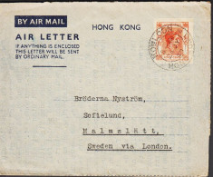 1949. HONG KONG. AIR LETTER Georg VI FORTY CENTS To Malmslätt, Sweden Via London Cancelled KOWLOON HONG KO... - JF543285 - Ganzsachen