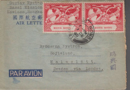 1949. HONG KONG. AIR LETTER  PAIR 20 CENTS UPU To Malmslätt, Sweden Via London Cancelled HONG... (Michel 174) - JF543289 - Cartas & Documentos