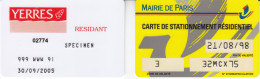 Lot De 2 Cartes De Stationnement RESIDENTIEL  PARIS Et HYERRES - PIAF Parking Cards