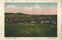 ROMANIA 1946 SOLCA, CENSORED, (SUCEAVA COUNTY) - GENERAL VIEW, BUILDINGS, HOUSES, CHURCH, ANIMALS, MOUNTAIN LANDSCAPE - Rumania