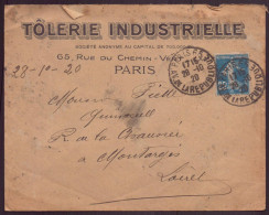 France, Enveloppe à En-tête " Tôlerie Industrielle, Paris " Du 28 Octobre 1920 Pour Montargis - Altri & Non Classificati