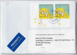 Germany 2023 Priority Cover From Düren To Biguaçu Brazil Pair Of Stamp For Us Children Bear Holding A Child Sheet Corner - Cartas & Documentos