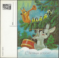 URSS 1987. Carte, Entier Postal. Nouvel An, Lapin Et Tambour, écureuil Soufflant Dans Un Instrument, Oiseaux Au Chant - Conigli