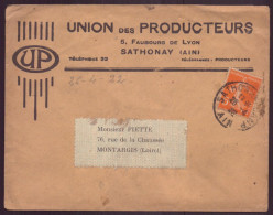 France, Enveloppe à En-tête " Union Des Producteurs, Sathonay " Du 26 Avril 1922 Pour Montargis - Otros & Sin Clasificación