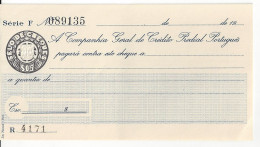 PORTUGAL CHEQUE CHECK BANCO CIA. GERAL DE CRÉDITO PREDIAL PORTUGUÊS,  1950'S SCARCE - Cheques & Traverler's Cheques