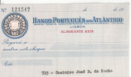 PORTUGAL CHEQUE CHECK BANCO PORTUGUÊS DO ATLÂNTICO, 1950'S, AZUL - Cheques & Traverler's Cheques