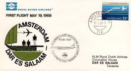 PAYS BAS PREMIER VOL AMSTERDAM-DAR ES SALAM PAR KLM 1969 - Poststempels/ Marcofilie