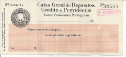 PORTUGAL CHEQUE CHECK BANCO CAIXA GERAL DE DEPÓSITOS, ECONÔMICA PORTUGUESA, 1930'S. SCARCE - Assegni & Assegni Di Viaggio