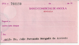 PORTUGAL ANGOLA CHEQUE CHECK BANCO COMERCIAL DE ANGOLA, BENGUELA, 1960'S SCARCE - Cheques En Traveller's Cheques