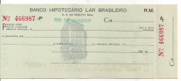 BRAZIL CHEQUE CHECK BANCO HIPOTECARIO LAR BRASILEIRO, RIO, 1950'S BUILDING VIGNETTE VD - Assegni & Assegni Di Viaggio