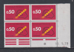 France N° 1720 XX Code Postal : 50 C. Rouge Et Jaune En Bloc De 4 Coin Daté Du  10 . 5 . 72 ; Sans Charnière, TB - 1970-1979