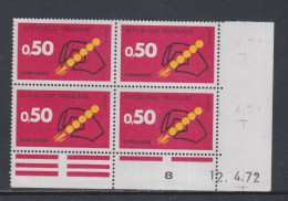 France N° 1720 O Code Postal : 50 C. Rouge Et Jaune En Bloc De 4 Coin Daté Du  12 . 4 . 72 ; Oblitéré, TB - 1970-1979