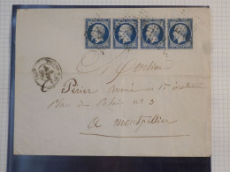 DK2 FRANCE BELLE  LETTRE RARE 10 1.1856 MONTPELLIER +BANDE DE 4 X N°14 BLEU NOIR +VU BEHR.DISPERSION DE COLLECTION+ - 1849-1876: Periodo Clásico