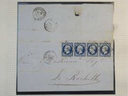 DK2 FRANCE BELLE  LETTRE RARE 1856 BORDEAUX A LA ROCHELLE+BANDE DE 4X N°14 BLEU NOIR +VU BEHR.DISPERSION DE COLLECTION++ - 1849-1876: Classic Period