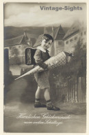 Little Boy With Tornister & School Cone / Schultasche (Vintage RPPC ~1910s/1920s) - Schulen