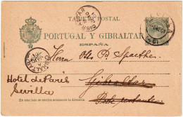 ESPAGNE - ESPAÑA - 1895 Tarjeta 5c Pelón Verde Sobre Salmón De Sevilla A GIBRALTAR Redirigido A Sevilla (c.81€) - Cartas & Documentos