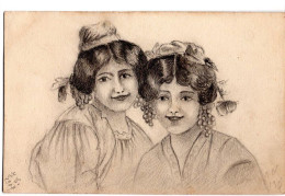 PORTRAITS DE JEUNES FILLE  -  DESSIN AU CRAYON SUR CARTE POSTALE - SIGNEE J C 1907 - Drawings