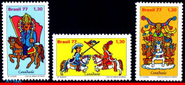 Ref. BR-1520-22 BRAZIL 1977 - 'CAVALHADA', HORSES ANDBULLS, KING, JOUST,MI# 1612-14,SET MNH, FOLKLORE 3V Sc# 1520-1522 - Ungebraucht