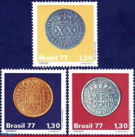 Ref. BR-1523-25 BRAZIL 1977 - BRAZILIAN COLONIAL COINS,MI# 1615-17, SET MNH, MONEY ON STAMPS 3V Sc# 1523-1524 - Monnaies