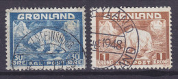 Greenland 1938 Mi. 6-7, Eisbär Polar Bear HOLSTEINSBORG & PEARYLAND Cancels (2 Scans) - Gebruikt