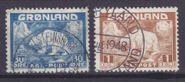Greenland 1938 Mi. 6-7, Eisbär Polar Bear HOLSTEINSBORG & PEARYLAND Cancels (2 Scans) - Used Stamps