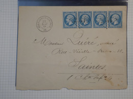 DK2   LETTRE RARE 1866 PETIT BUREAU MORTAGNE A SAINTES   BANDE 4X N°22 BLEU CIEL  +DISPERSION DE COLLECTION+ - 1849-1876: Classic Period