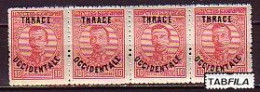 BULGARIA - 1920 - Tim.de 1919 Avec Surcharge "Thrace Occidentale" -  10st -  Mi No 21 - MNH - Band Of 4 - Nuovi