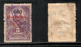 HONDURAS   5 PESO CONSULAR STAMP ($5 DOLLARS GOLD U.S. Opt.) USED (CONDITION PER SCAN) (Stamp Scan # 1035-7) - Honduras