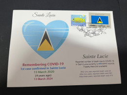 13-3-2024 (2 Y 52) COVID-19 4th Anniversary - Sainte Lucia - 13 March 2024 (with S. Lucia UN Flag Stamp) - Disease