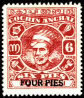 Cochin 1943 4p On 6p Red-brown Provisional Lightly Mounted Mint. - Cochin