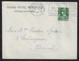 Belgium. Stamp Sc. 250 On Letter, Sent From Grand Hotel “Monopol” Ostende On 30.12.1932 For Zurich Switzerland - 1932 Cérès Et Mercure