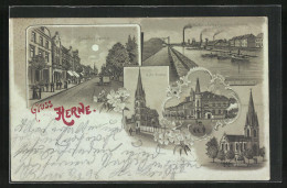 Lithographie Herne, Hafen U. Zeche Friedrich D. Grosse, Postamt, Katholische Kirche  - Herne