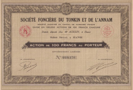 Indochine - Sté Foncière Du Tonkin Et De L'Annam - Action De 100 Fcs / 1929 - Asie