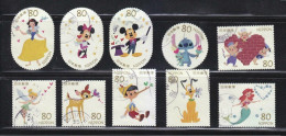 JAPAN 2012 DISNEY,Mickey Mouse,Minnie,Ariel,Snow White,Tinker Bell,Pluto Dog,Pinocchio,Bambi Deer, SET OF 10 USED (**) - Gebruikt