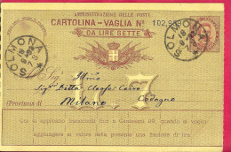 INTERO CARTOLINA-VAGLIA UMBERTO C.15 DA LIRE 7 (CAT. INT. 11) -VIAGGIATA DA SOLMONA *19.SET.93* PER CODOGNO - Stamped Stationery