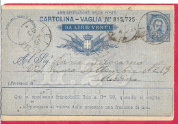 INTERO CARTOLINA-VAGLIA UMBERTO C.25 DA LIRE 20 (CAT. INT. 9A) -VIAGGIATA DA LENTINI*16.DIC.93* PER MESSINA - Postwaardestukken