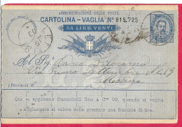 INTERO CARTOLINA-VAGLIA UMBERTO C.25 DA LIRE 20 (CAT. INT. 9A) -VIAGGIATA DA LENTINI*16.DIC.93* PER MESSINA - Entiers Postaux