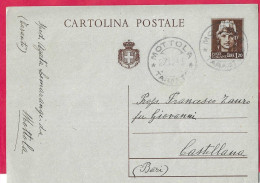 ANNULLO DC BLU" MOTTOLA*27.12.1945*/TARANTO" SU INTERO CARTOLINA POSTALE TURRITA STEMMA L.1,20 (INT. 117) PER CASTELLANA - Storia Postale