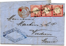 ALLEMAGNE - EMPIRE - 1 G X3 AMBULANT BINGERBRUCK / METZ SUR LETTRE POUR VERDUN, 1874 - Storia Postale