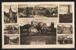 AK Colditz, Badergasse, Kirchgässchen, Muldenbrücke, Heimats-Turm  - Colditz