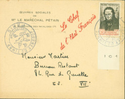 Guerre 40 Œuvres Sociales Pétain Cursive Chef De L'Etat Français Cachet Journée Du Timbre Paris 10 10 43 YT Stendhal 550 - Guerra De 1939-45
