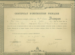 180 - ECOLE LIBRE CERTIFICAT D INSTRUCTION PUBLIQUE - PARIS 1889  260 X 340 - Diplomi E Pagelle