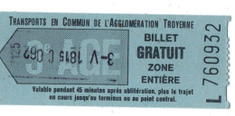 BILLET TICKET ENTREE TRANSPORT AUTOBUS TRANSPORTS EN COMMUN AGGLOMERATION TROYENNE AUBE 10 - Europe