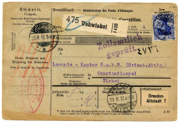 ALLEMAGNE - EMPIRE - 20 PF + 1 M X2 + TURQUIE SUR PAKETKARTE DE VOHWINKEL POUR CONSTANTINOPLE, 1917 - Covers & Documents