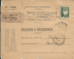 FRANCE LETTRE RECOMMANDE VALEURS A RECOUVRER 4F50 PARIS POUR MONASTIER SUR GAZEILLE ( HAUTE LOIRE ) DE 1942 LETTRE COVER - 1941-42 Pétain