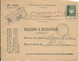 FRANCE LETTRE RECOMMANDE VALEURS A RECOUVRER 4F50 LYON POUR AUREC ( HAUTE LOIRE ) DE 1942 LETTRE COVER - 1941-42 Pétain